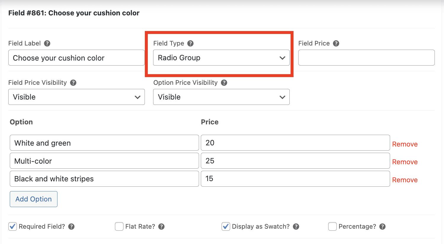 Radio Group field type configuration options