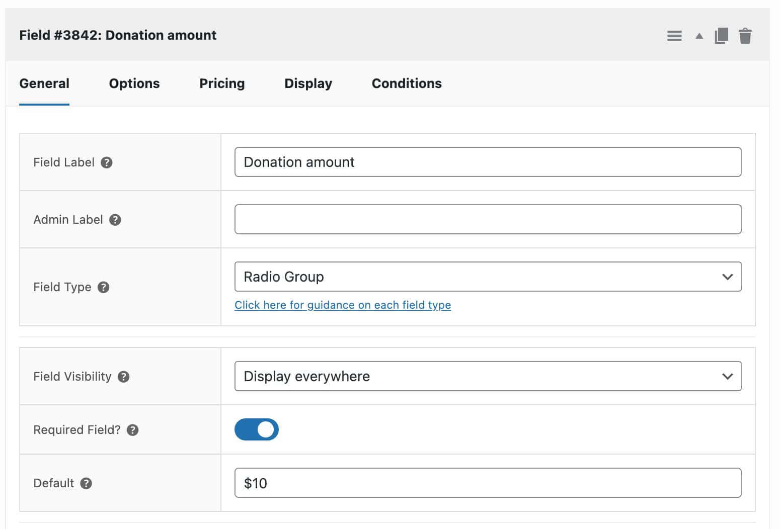 Radio group field for charity donations