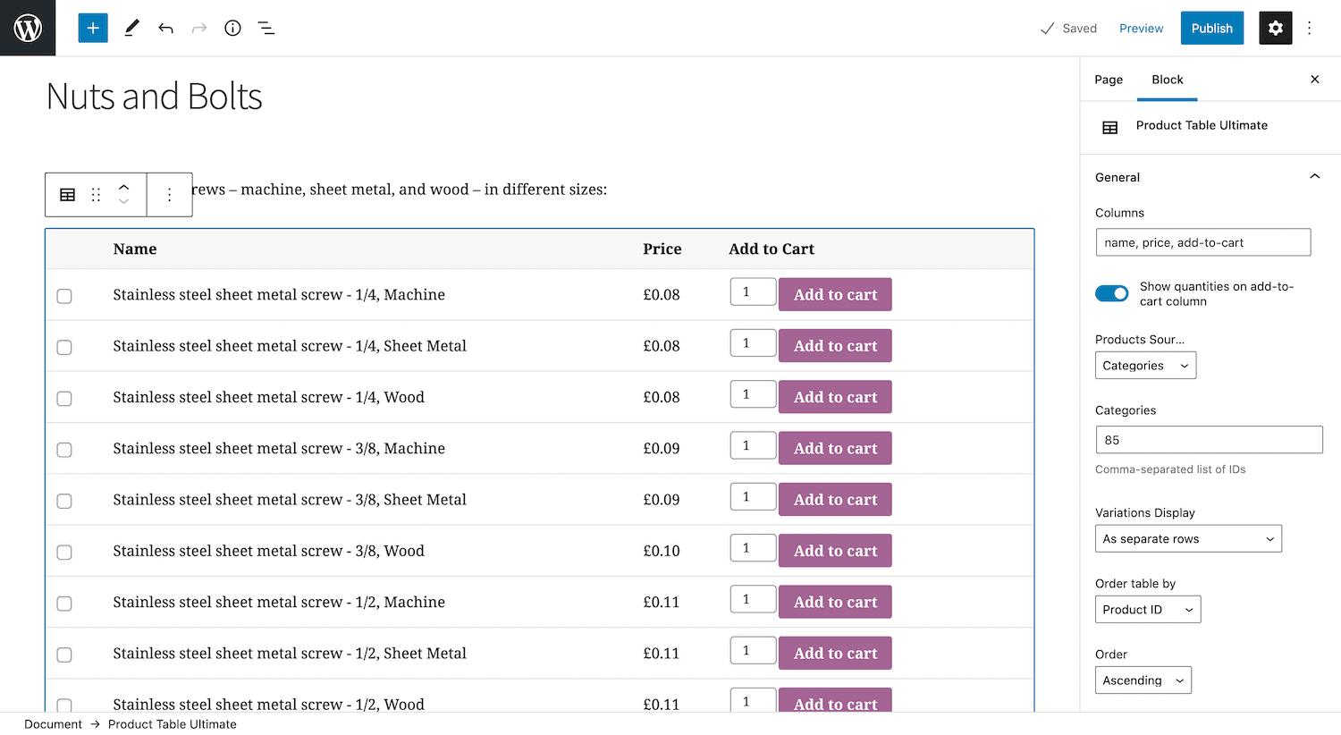 Adding a single variations table in the Gutenberg editor