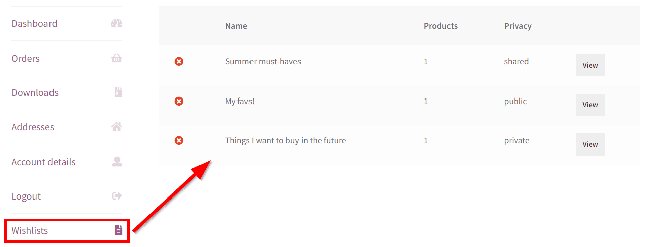 The customer’s view of their ‘Favorites' lists from their account’s dashboard on a WooCommerce store using WooCommerce Wishlists Ultimate.