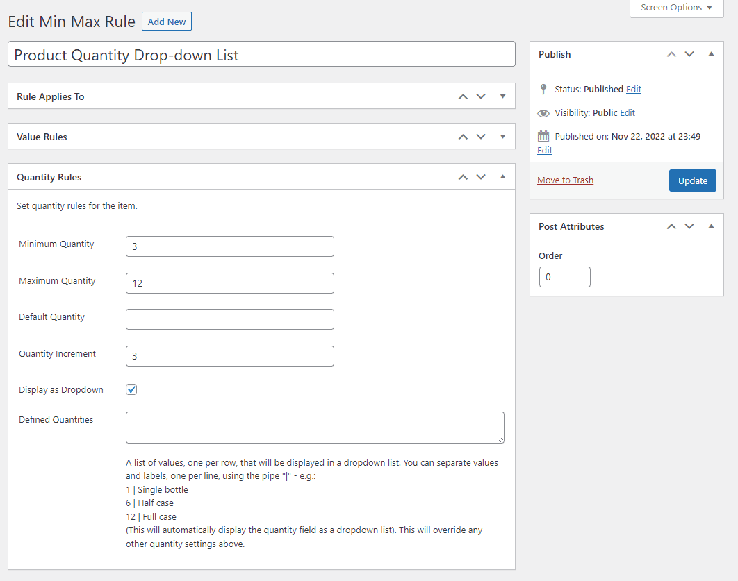 Set custom quantities