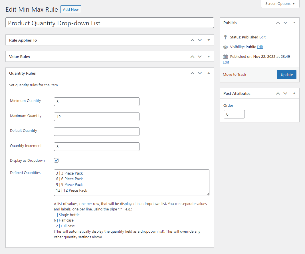 Defined product dropdown quantities