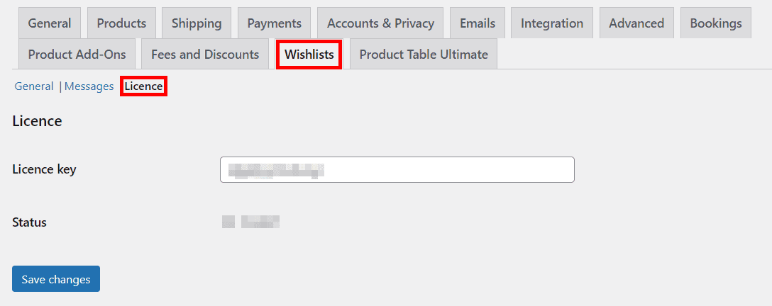 Activating WooCommerce Wishlists Ultimate’s license.