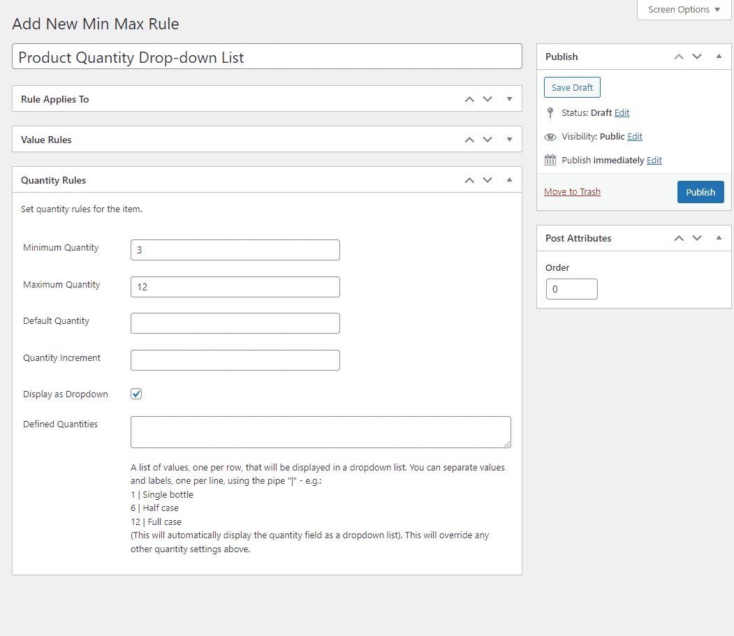 Set product quantity dropdown rules