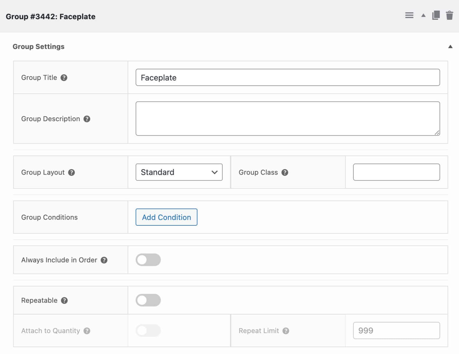 Group settings for games controller custom product