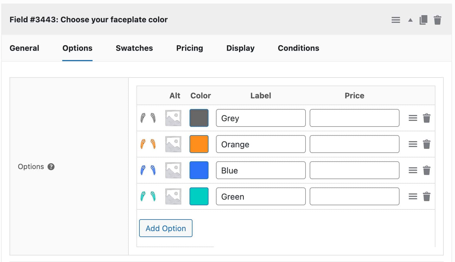 WooCommerce product designer swatch field setting