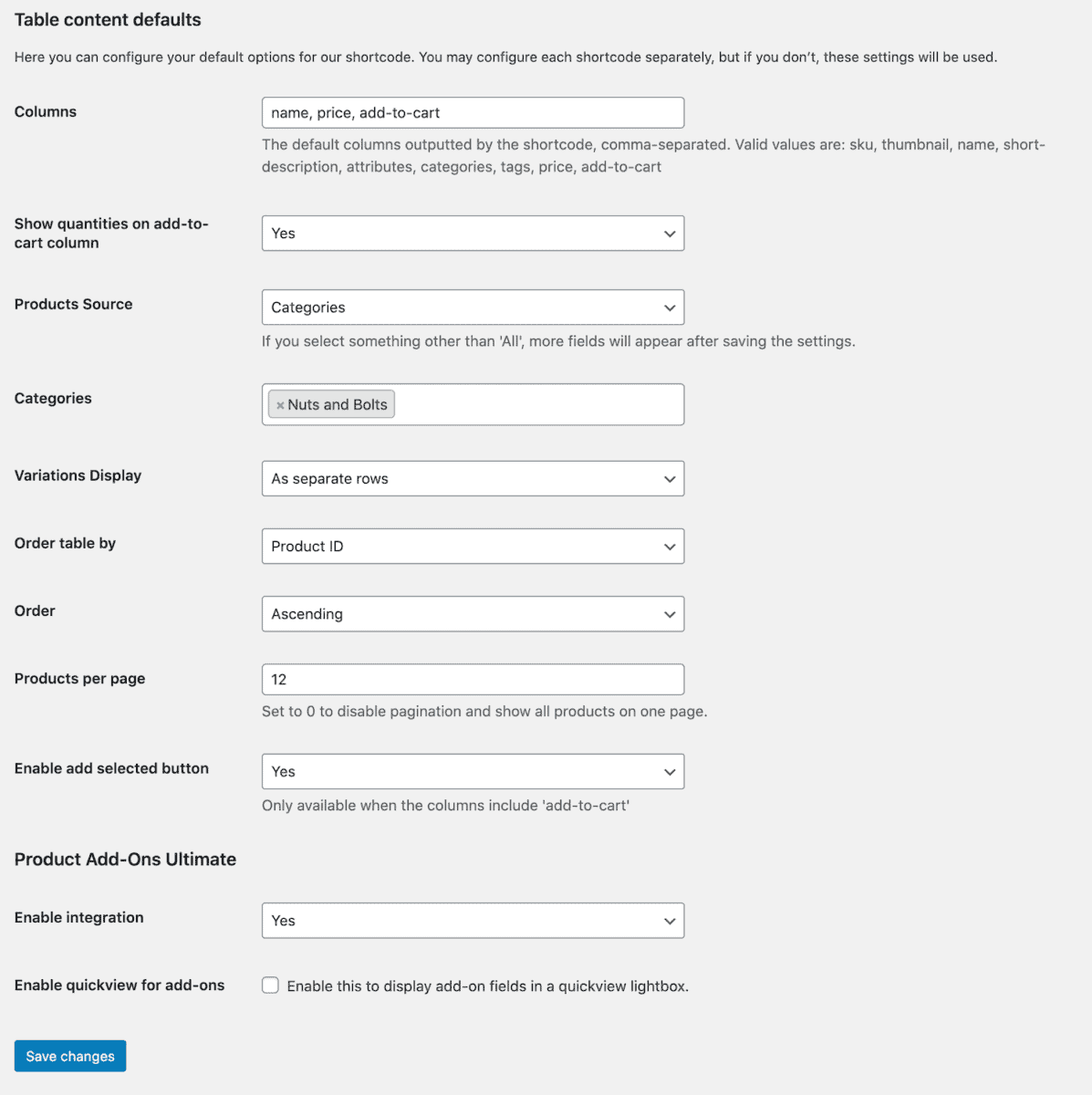 Settings to show single variations with Product Table Ultimate 