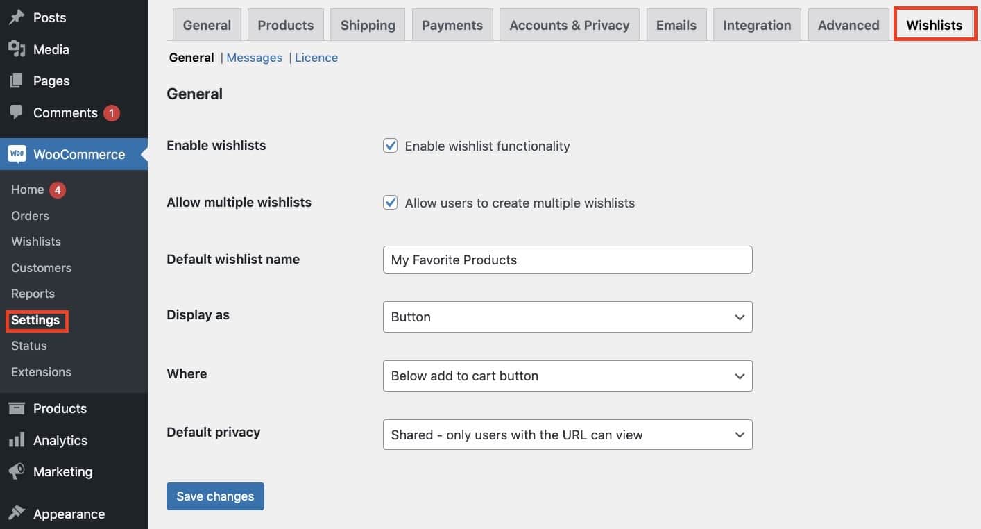 WooCommerce Wishlists Ultimate’s configuration settings.
