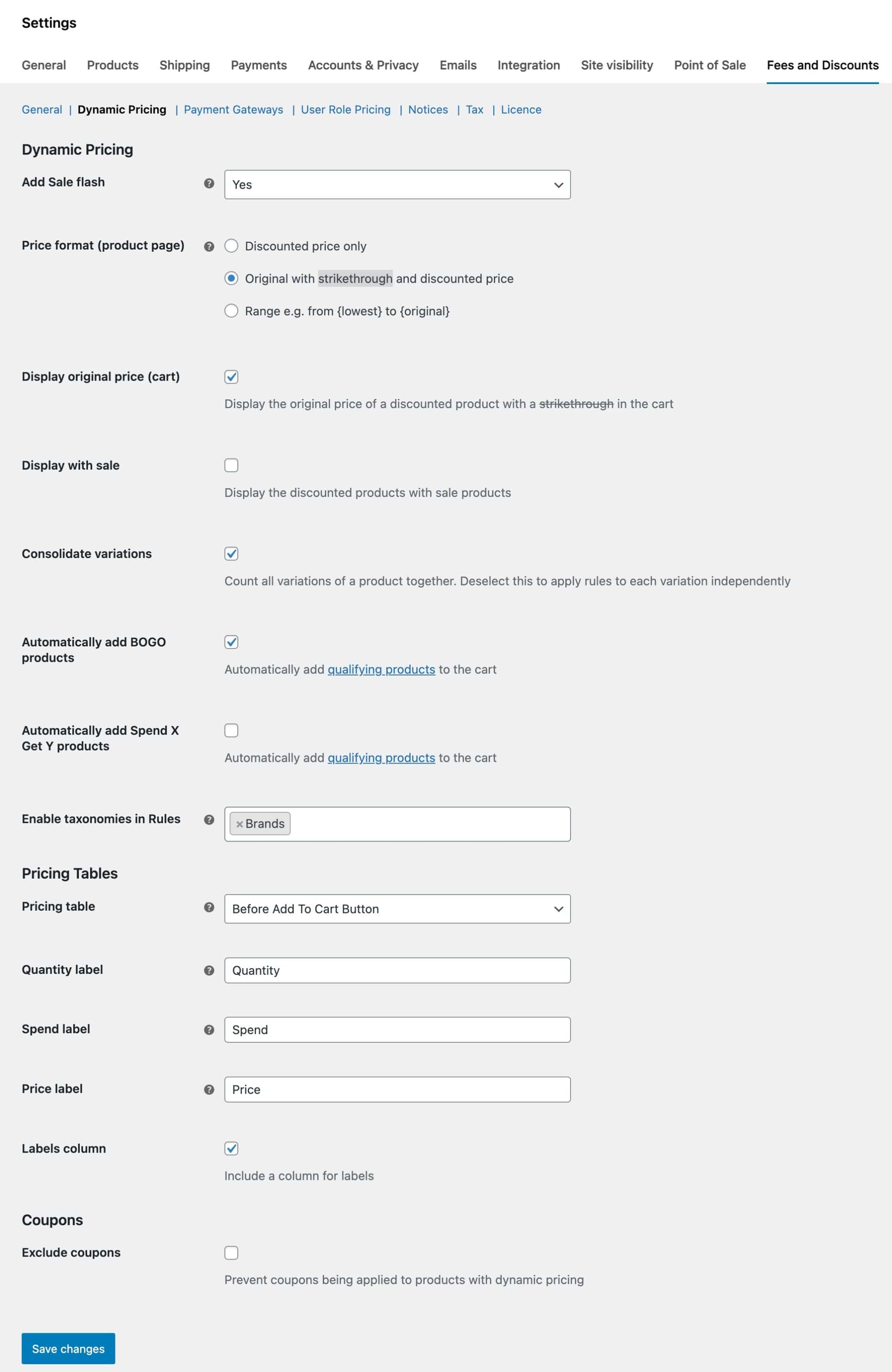 WooCommerce dynamic pricing settings