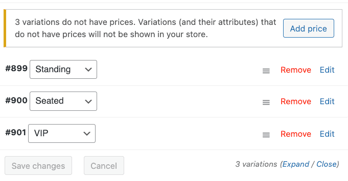 Variations list in WooCommerce