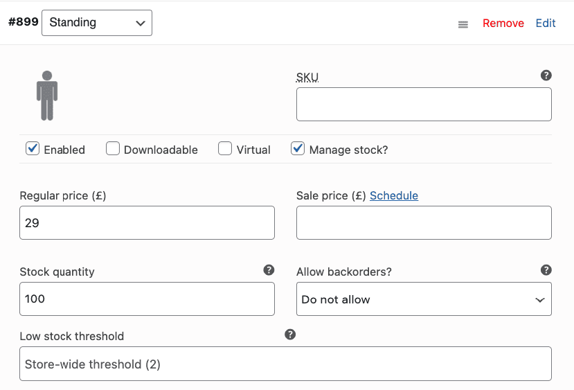 Editing a product variation in WooCommerce