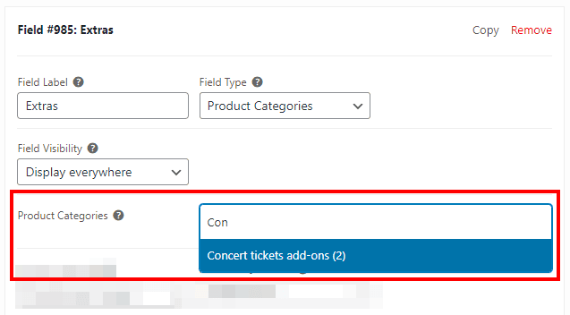 Searching for the product category to display its products as add-ons.