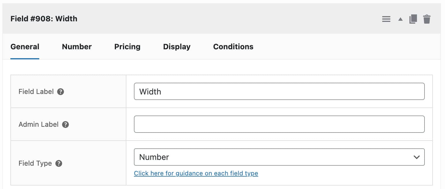 Number field to enter width measurement