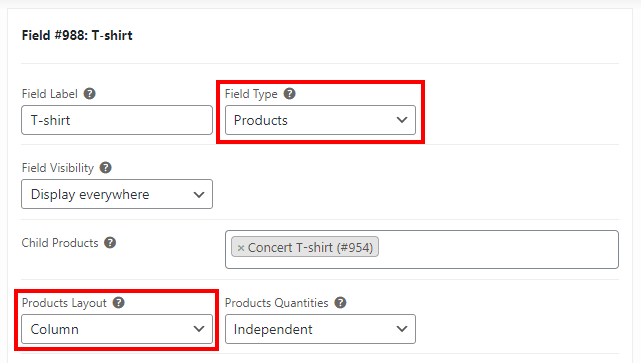 Creating a field with a column layout to display product variations for the add-on.