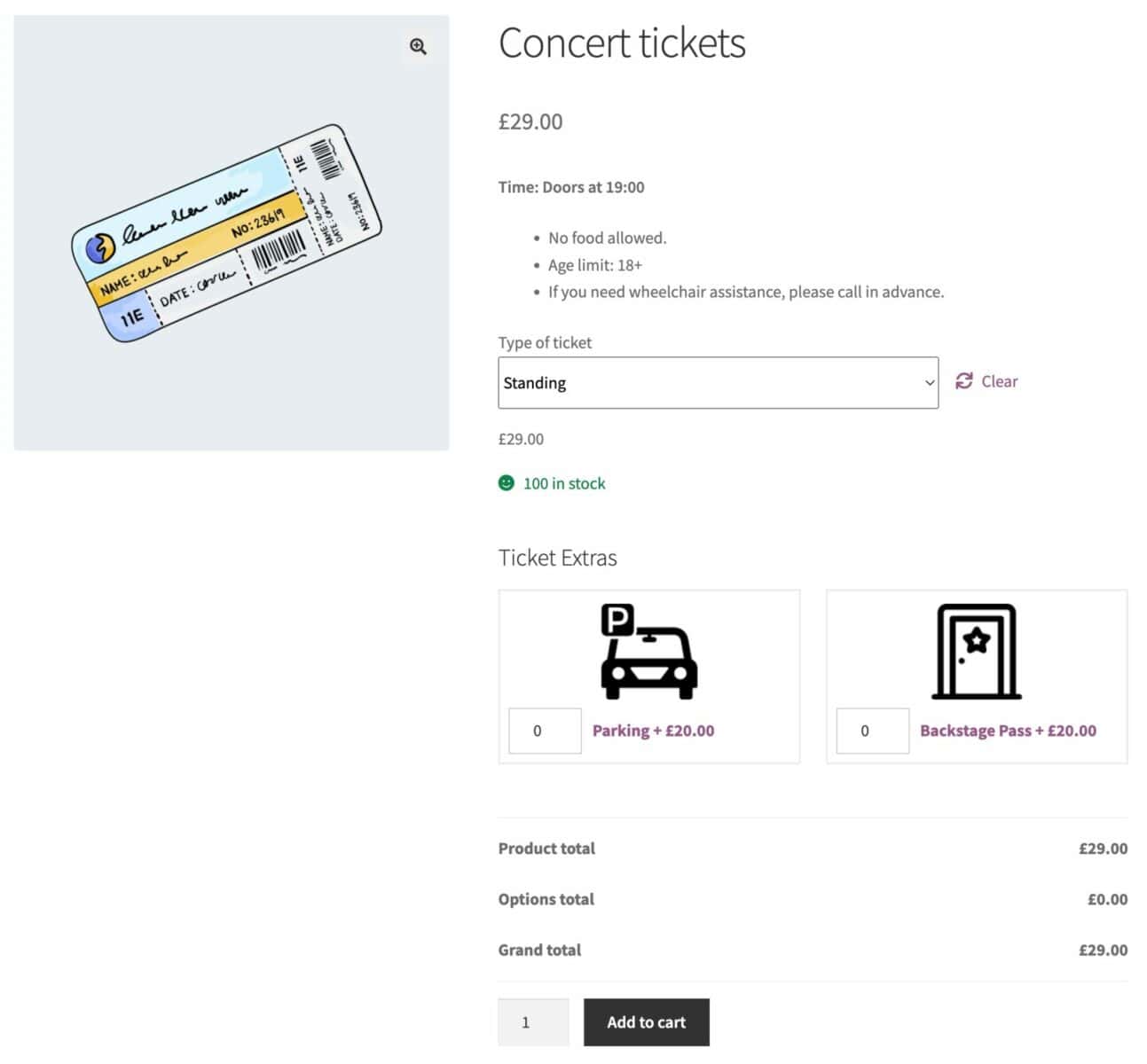 The product page after adding add-ons using the Products Categories fieild