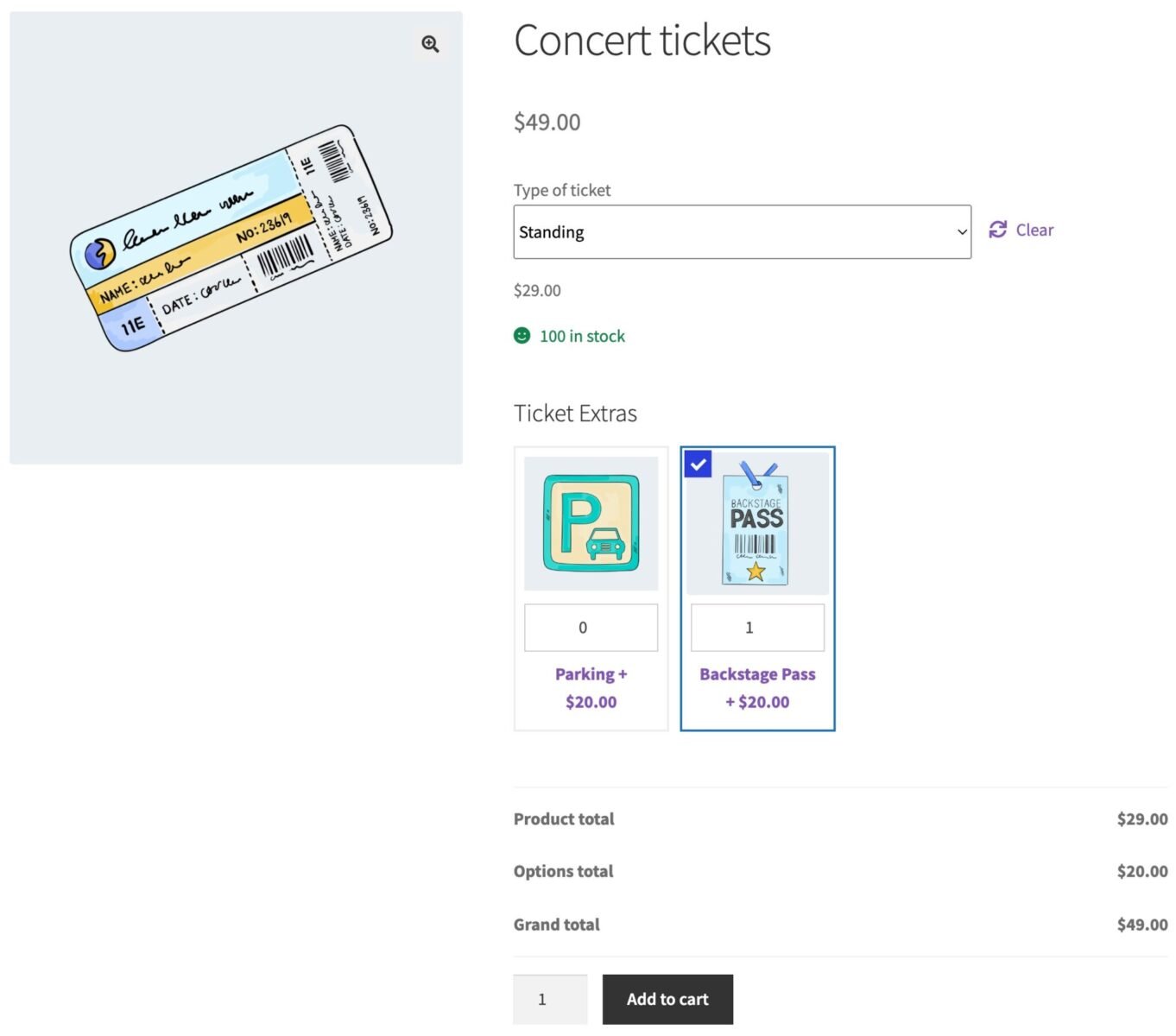 Tickets page after adding extra options