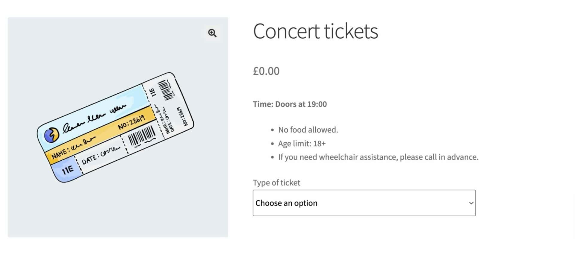 The “Concert Tickets” product in WooCommerce – type of ticket dropdown menu