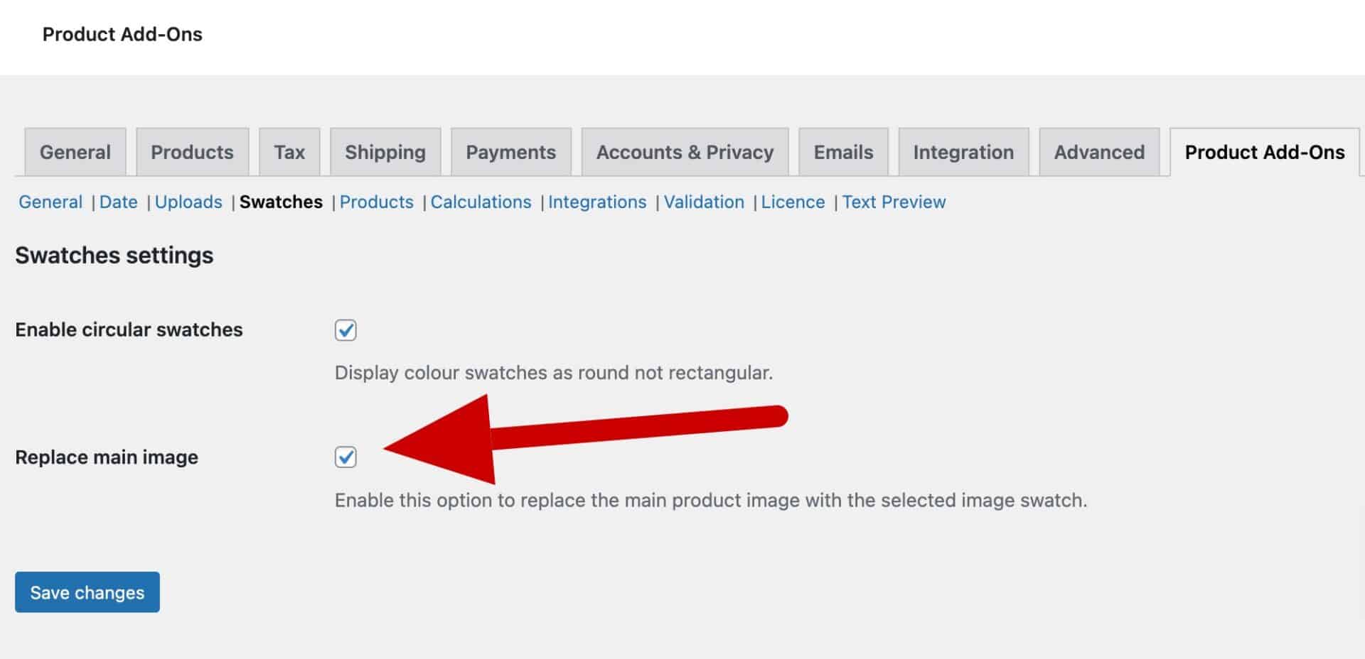 WooCommerce setting to replace main image with selected swatch