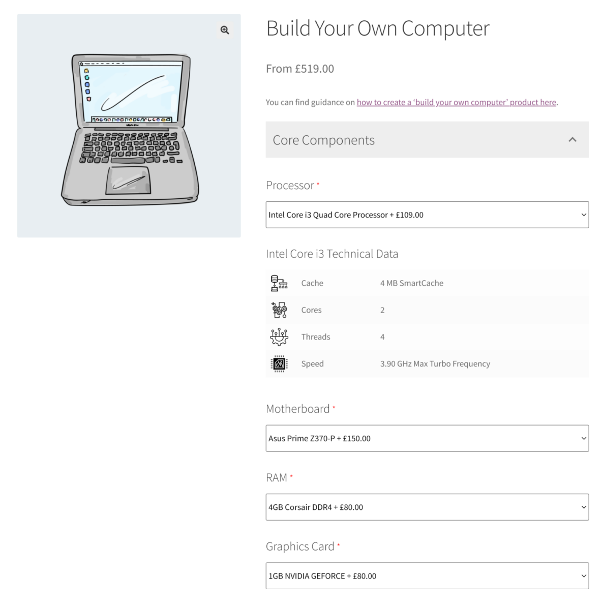 Screen of custom built computer product