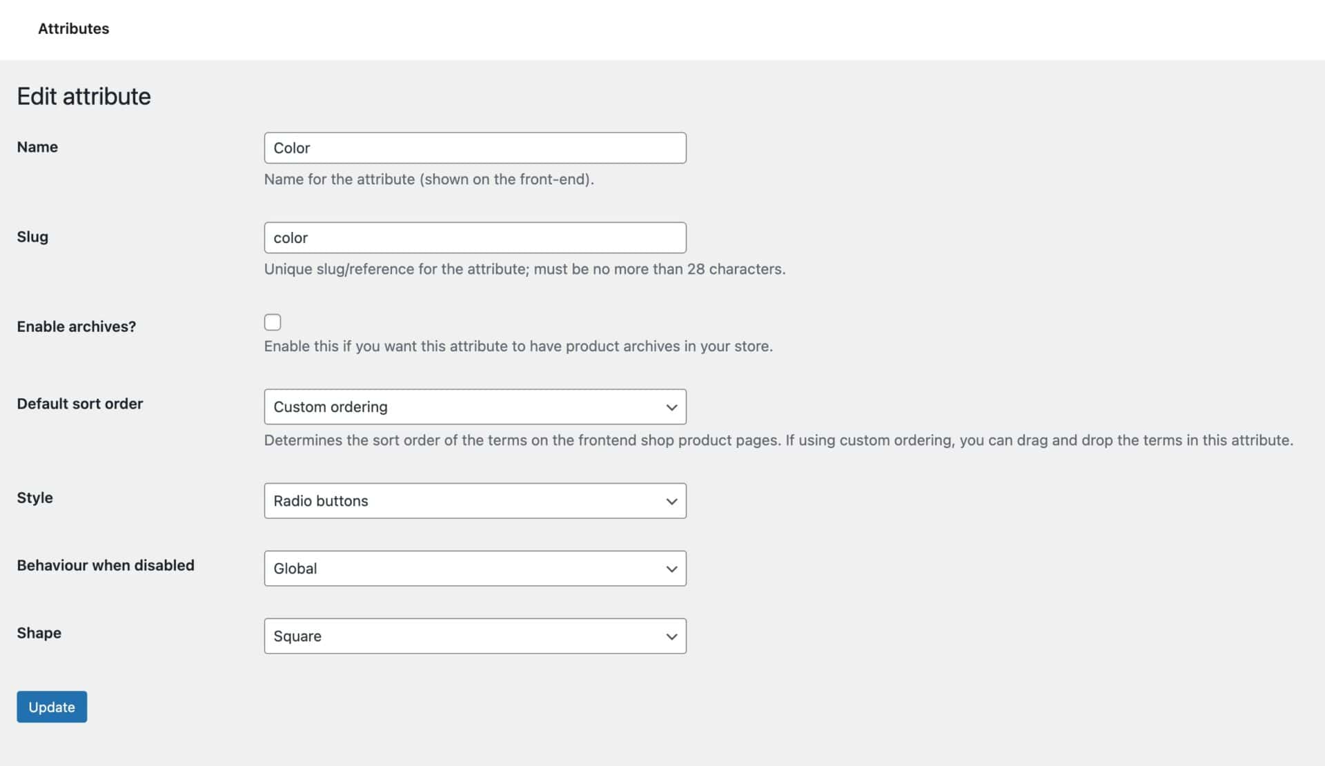 WooCommerce attribute settings for swatches