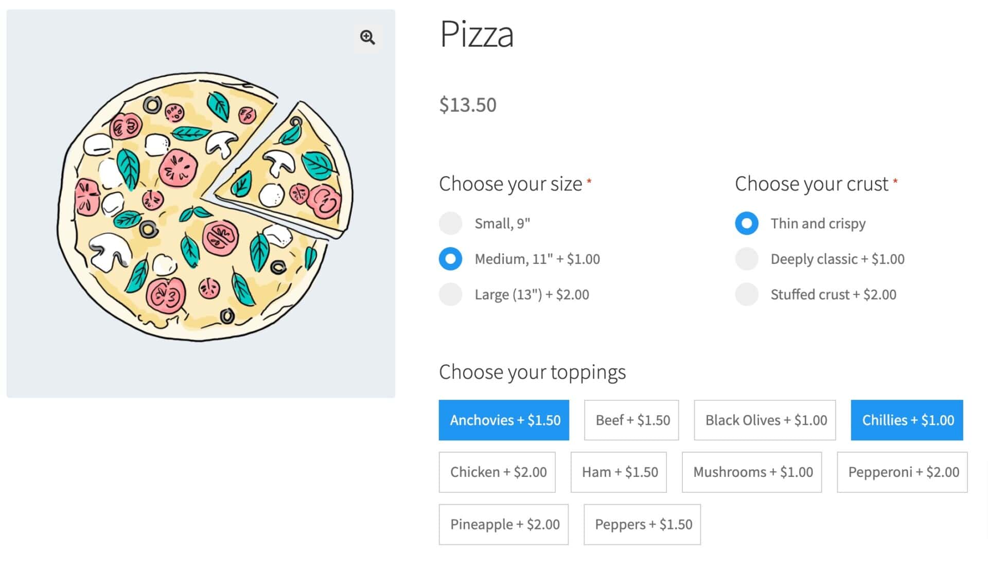 WooCommerce product options on a pizza