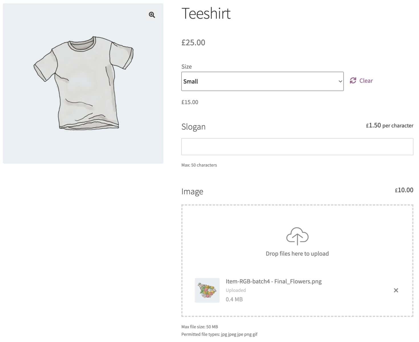 WooCommerce customisable teeshirt product