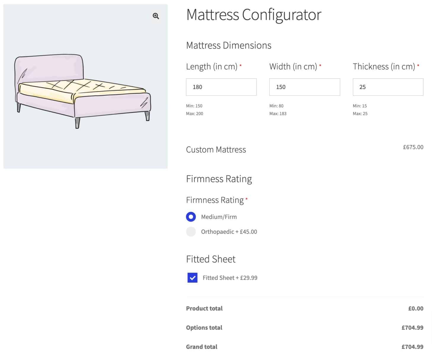 WooCommerce mattress configurator product