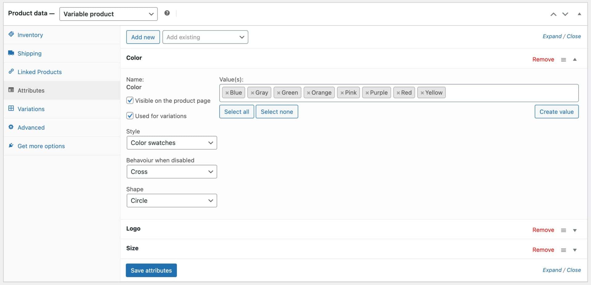 WooCommerce product attributes settings for swatches