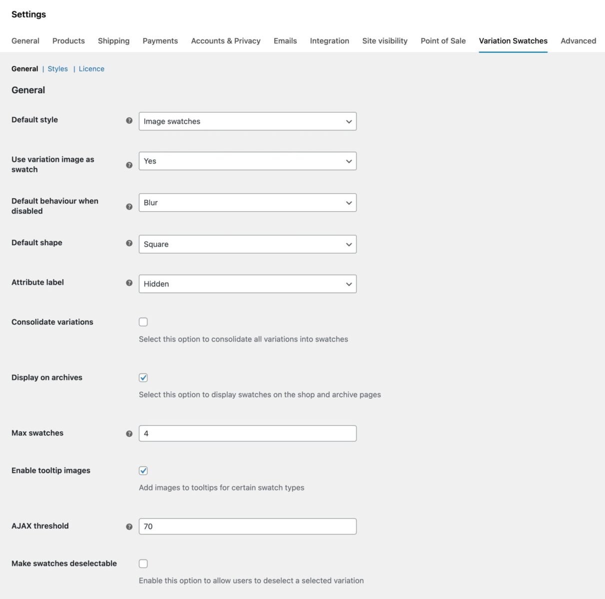 WooCommerce Variation Swatches main settings