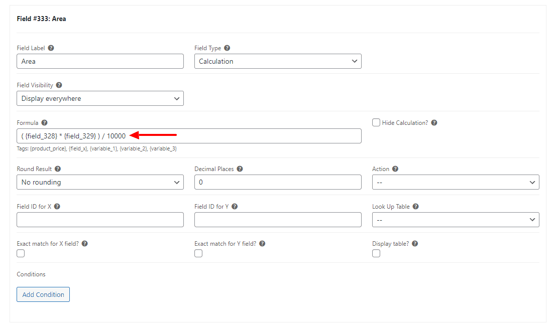 area calculator for lookup table