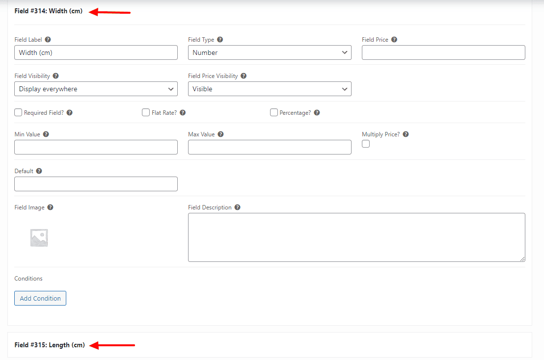 Width and length fields woocommerce product