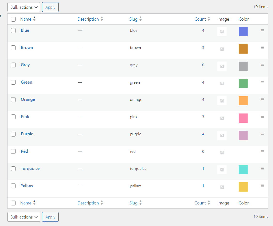 List of attributes for color swatches