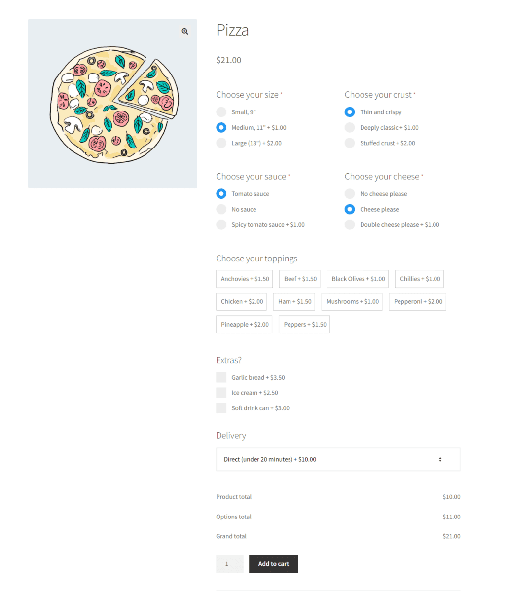 WooCommerce custom product options - pizza builder example