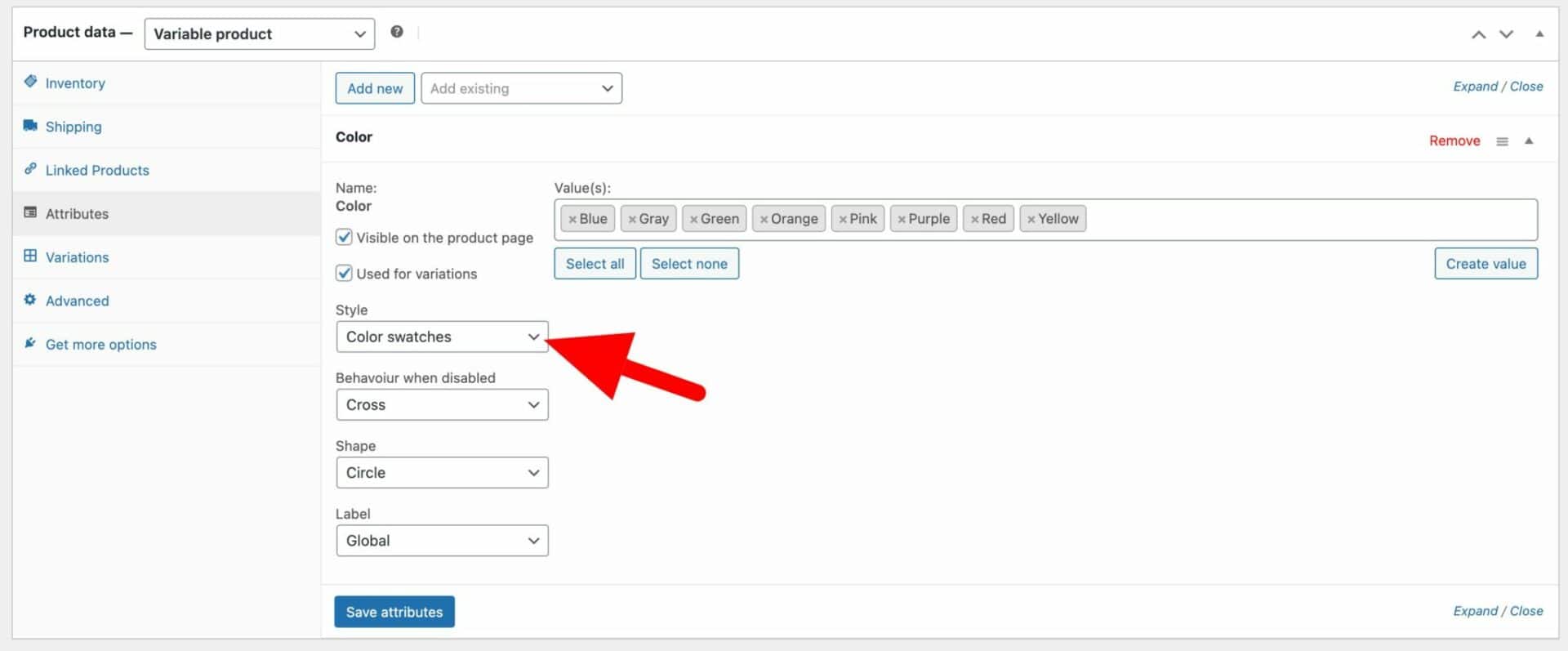 WooCommerce attribute color swatch setting