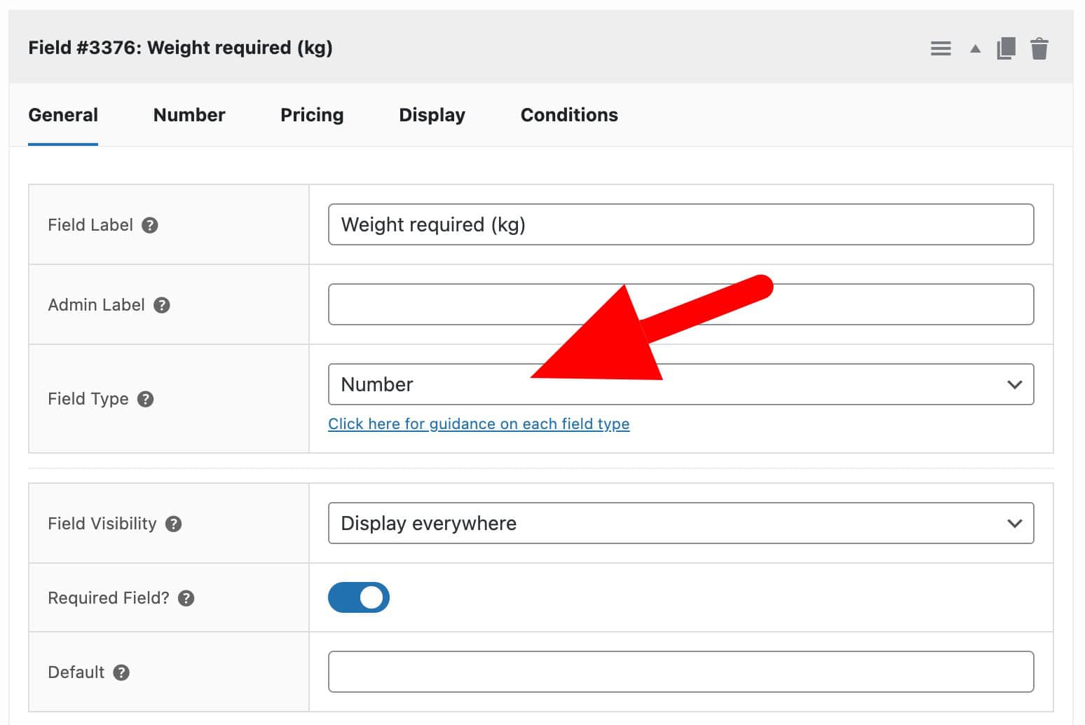 Number field to enter weight of item
