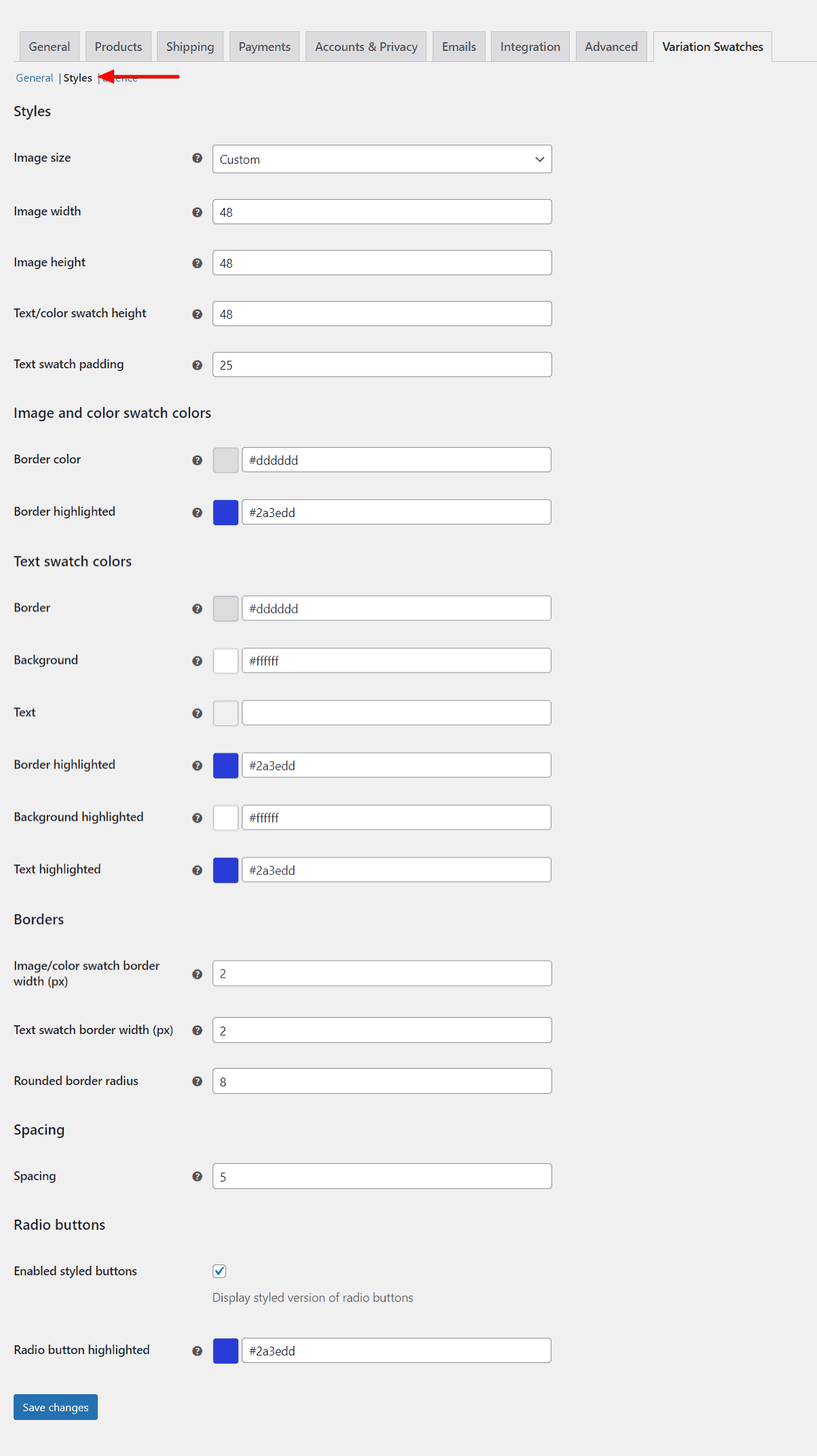 styling setting for woocommerce product variations