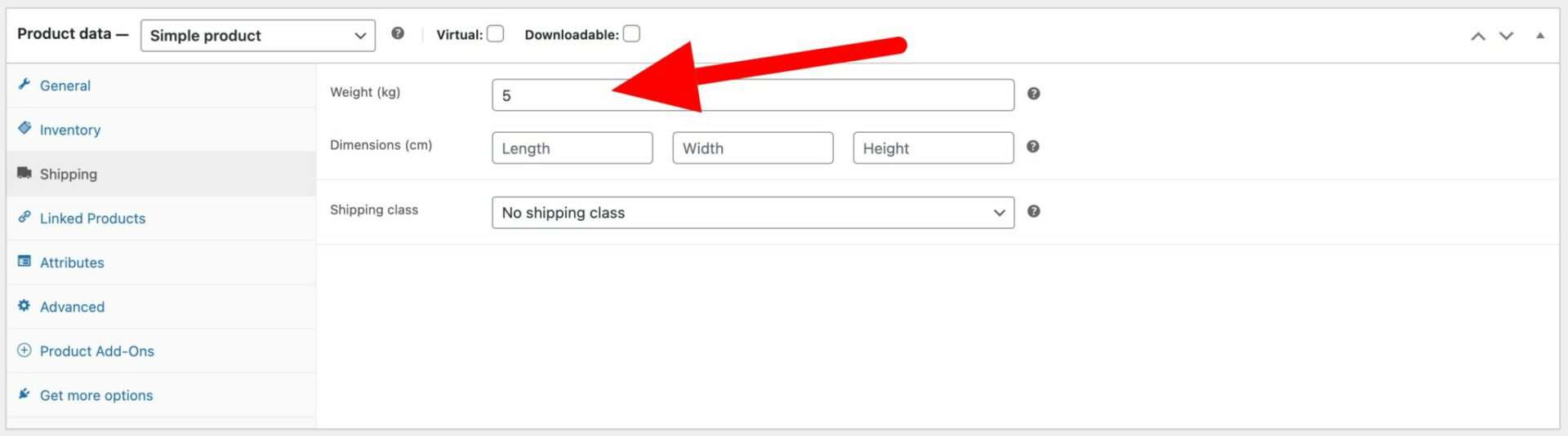 WooCommerce product weight setting