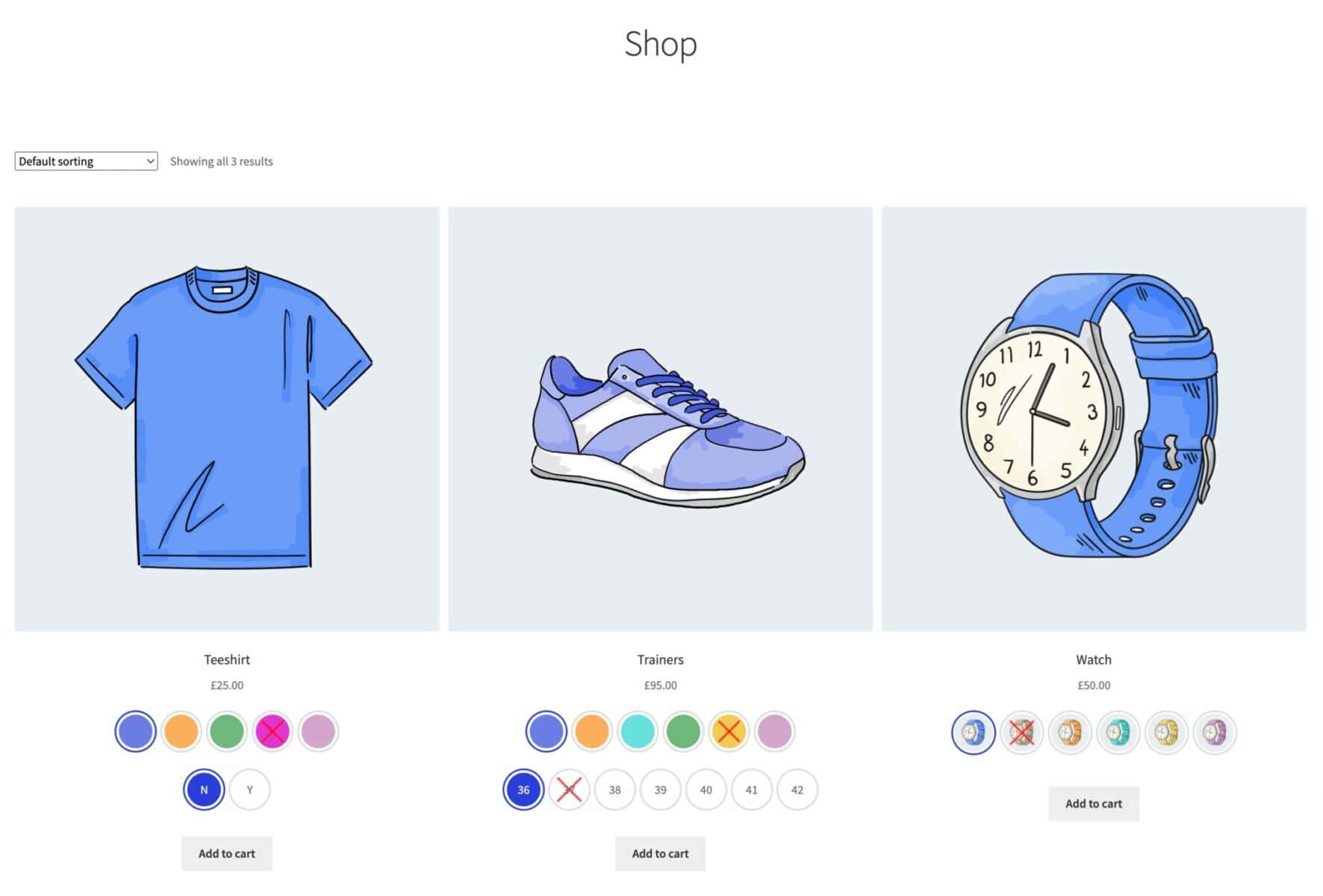 Variation swatches on a WooCommerce shop page