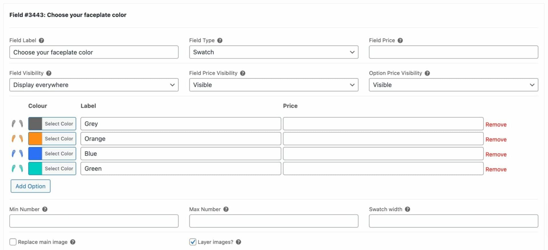 WooCommerce product designer swatch field setting