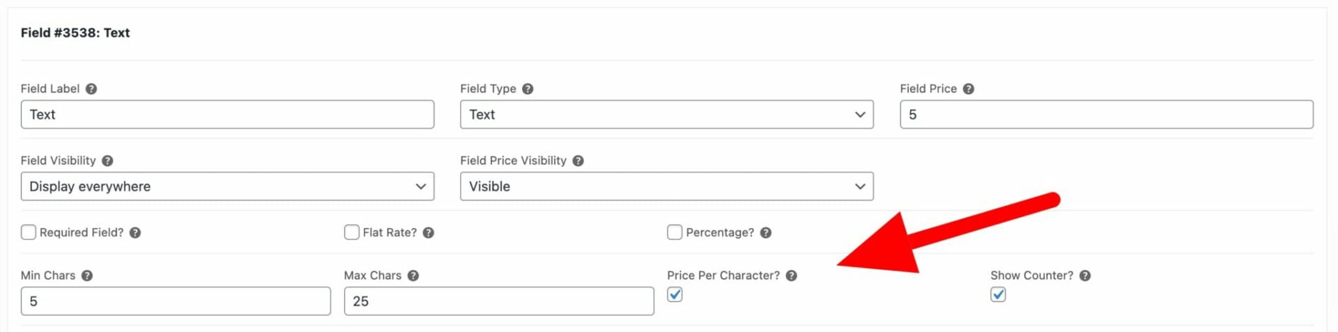 Setting the price per character for a text field