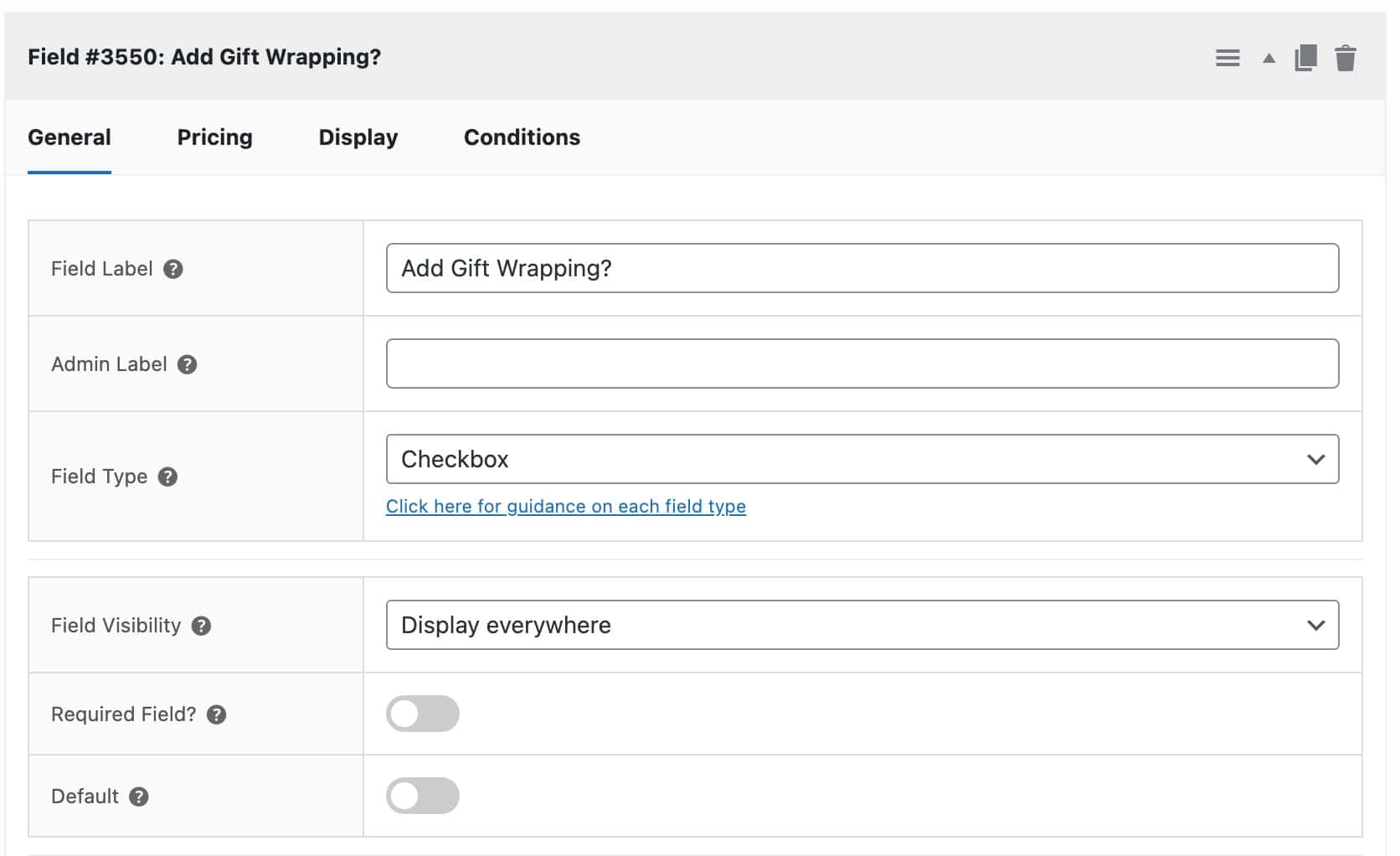Settings for a checkbox field