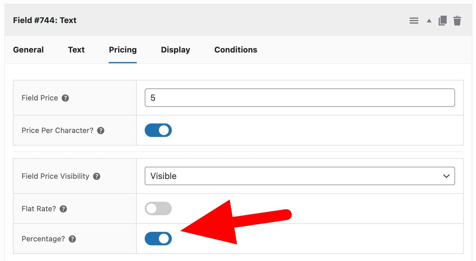 Setting to enable percentage pricing on a text field