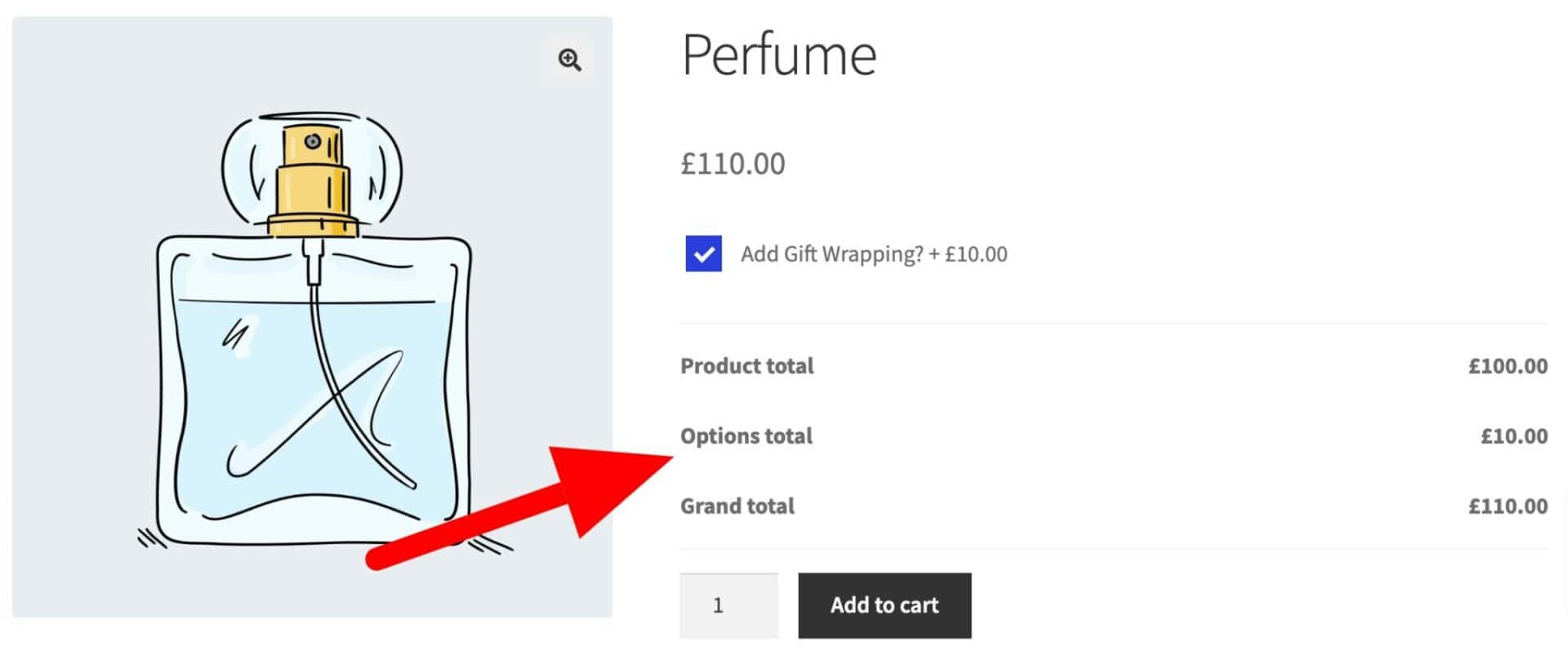 Screenshot showing price summary after checkbox added to WooCommerce product page