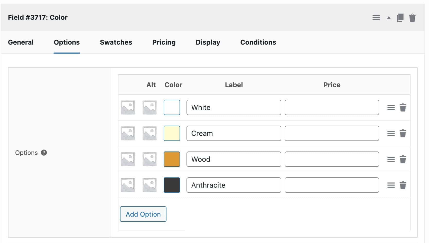 Color swatches field for blinds product