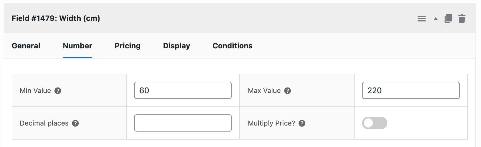 WooCommerce custom blinds product - setting for width measurement