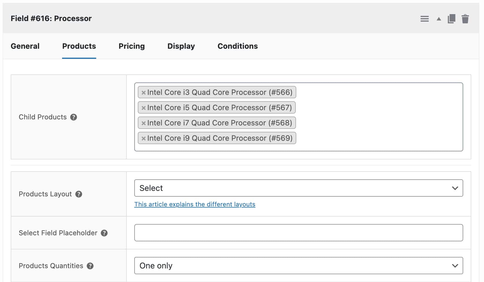 Build your own computer - products field setting