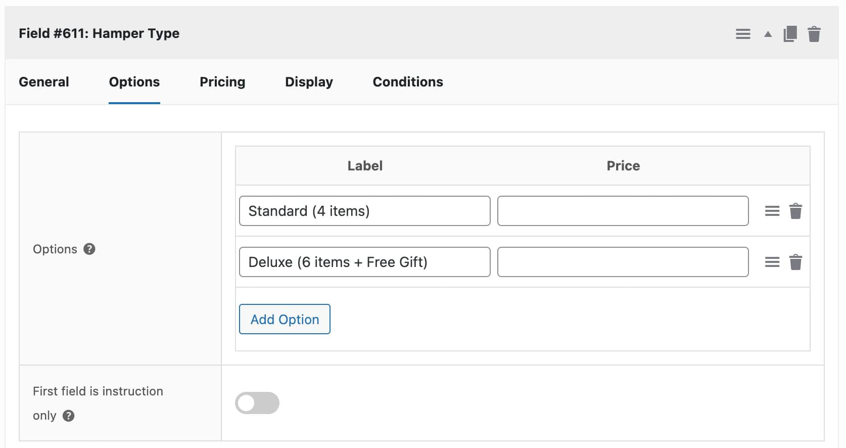 Creating a composite product – settings 