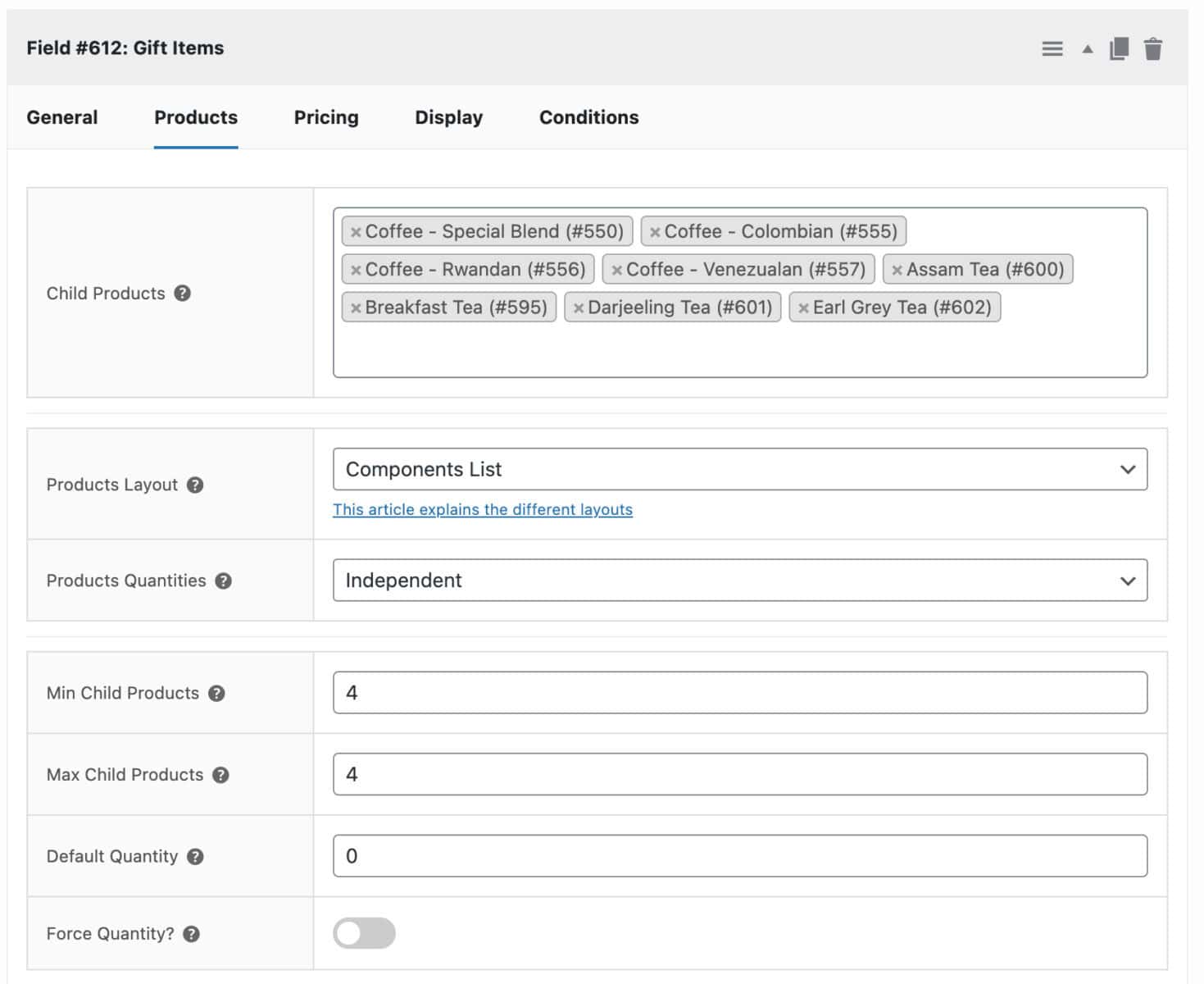Composite products in WooCommerce - Gift items with child products