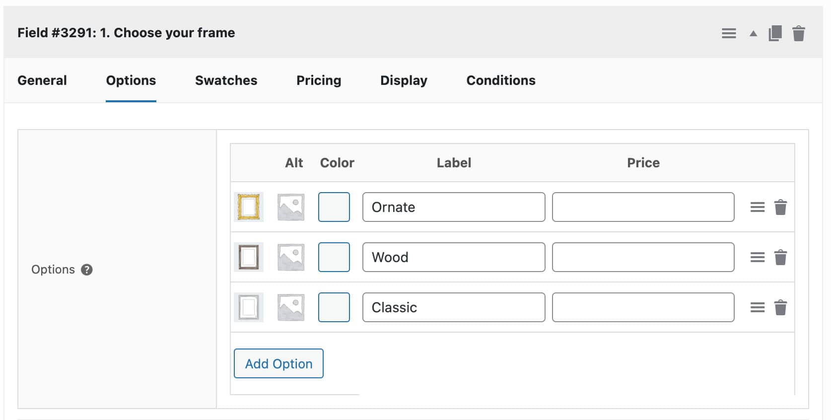 Custom frame swatch field