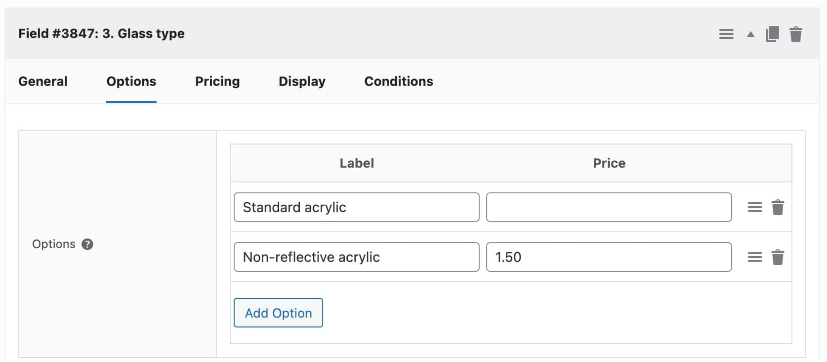 Option field setting for glass type